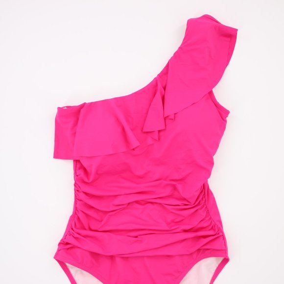NWT Bright Pink One Shoulder Ruching Ruffle 8 - Picture 2 of 6